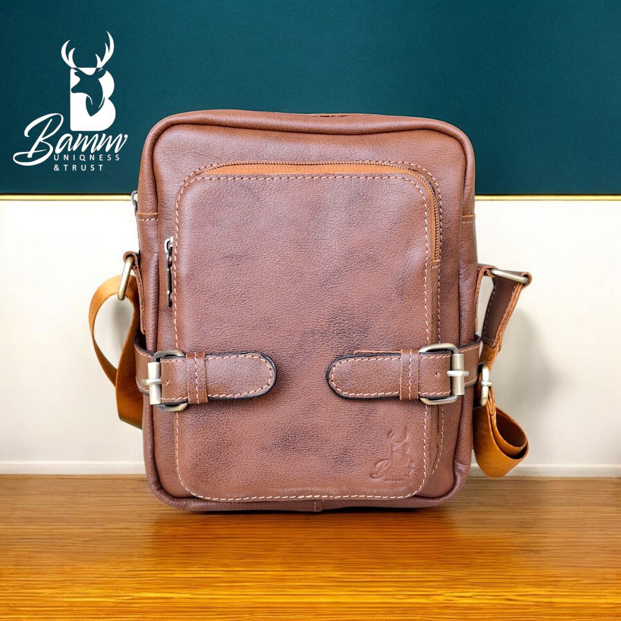 BAMM Natural Leather Men's Crossbody Bag – 25x20cm | Anti-Rust Accessories & Premium Satin Handle