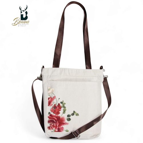 BAMM Beige Tote Bag With Two Adjustable Shoulder Straps ورد أحمر