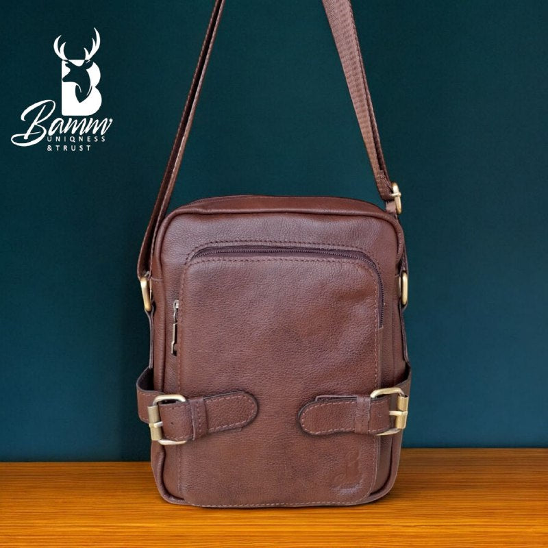 BAMM Natural Leather Men's Crossbody Bag – 25x20cm | Anti-Rust Accessories & Premium Satin Handle