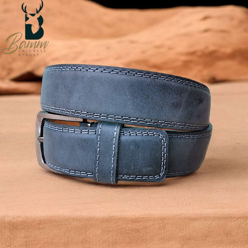 Men’s Genuine Leather Belt – Dark Blue – Handmade Elegance by BAMM