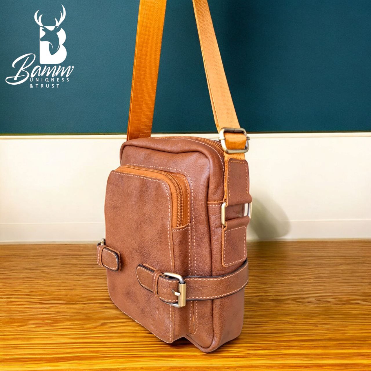 BAMM Natural Leather Men's Crossbody Bag – 25x20cm | Anti-Rust Accessories & Premium Satin Handle