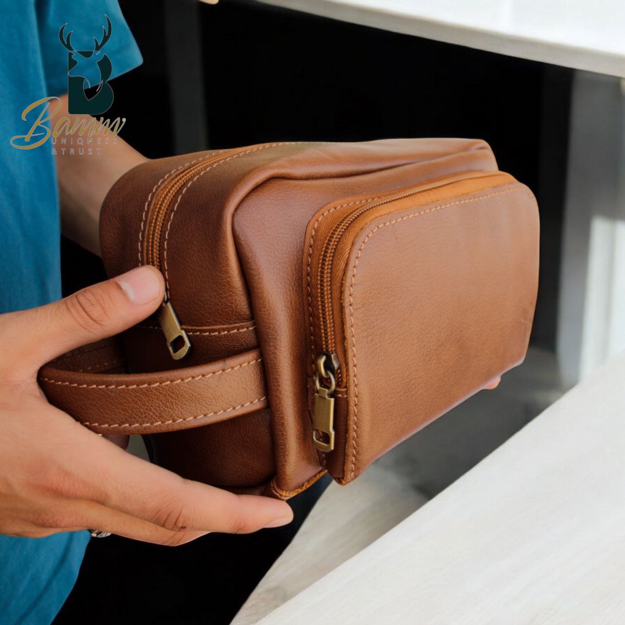 Men’s Natural Leather Hand Bag – Compact, Stylish & Multi-pocket Design