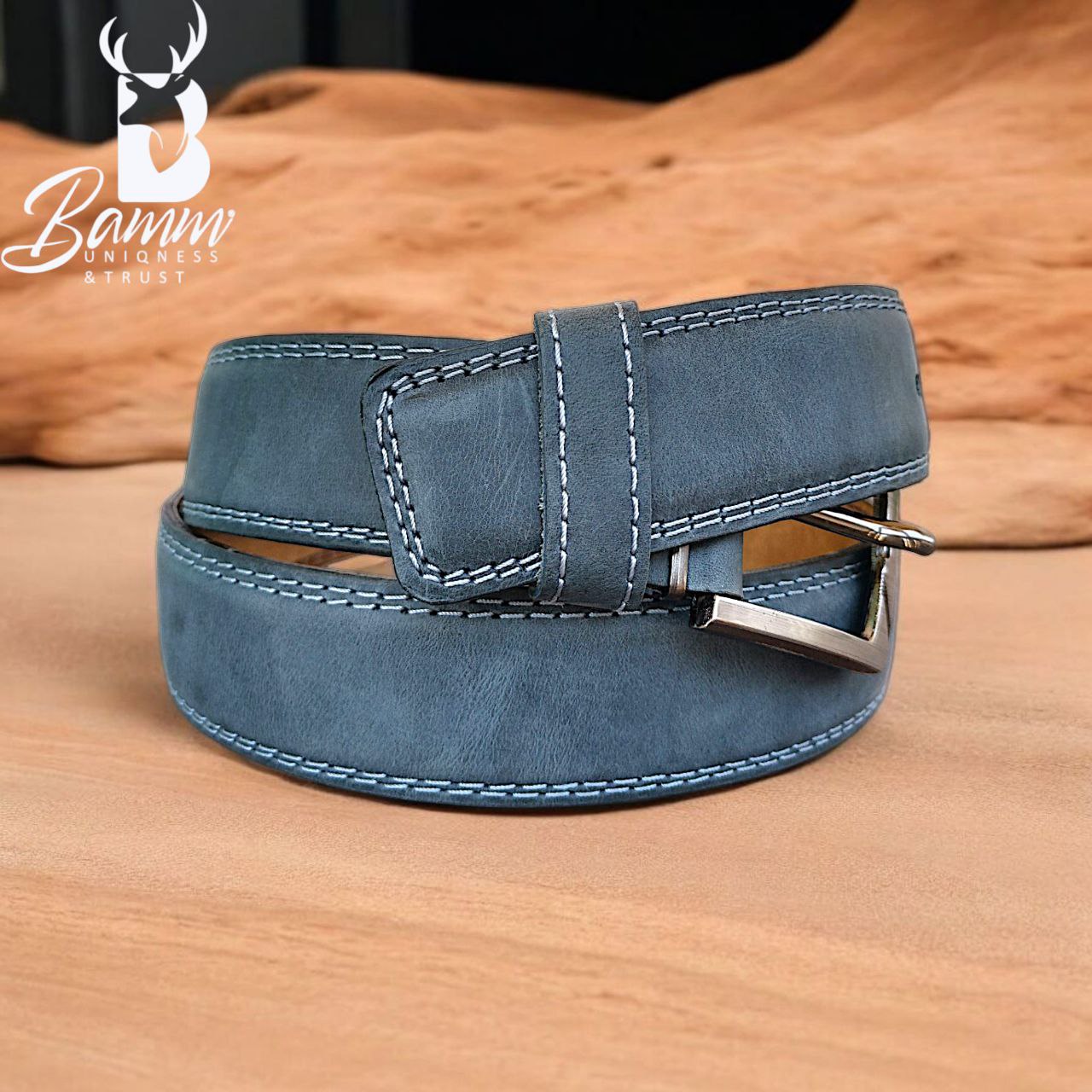 Men’s Genuine Leather Belt – Dark Blue – Handmade Elegance by BAMM