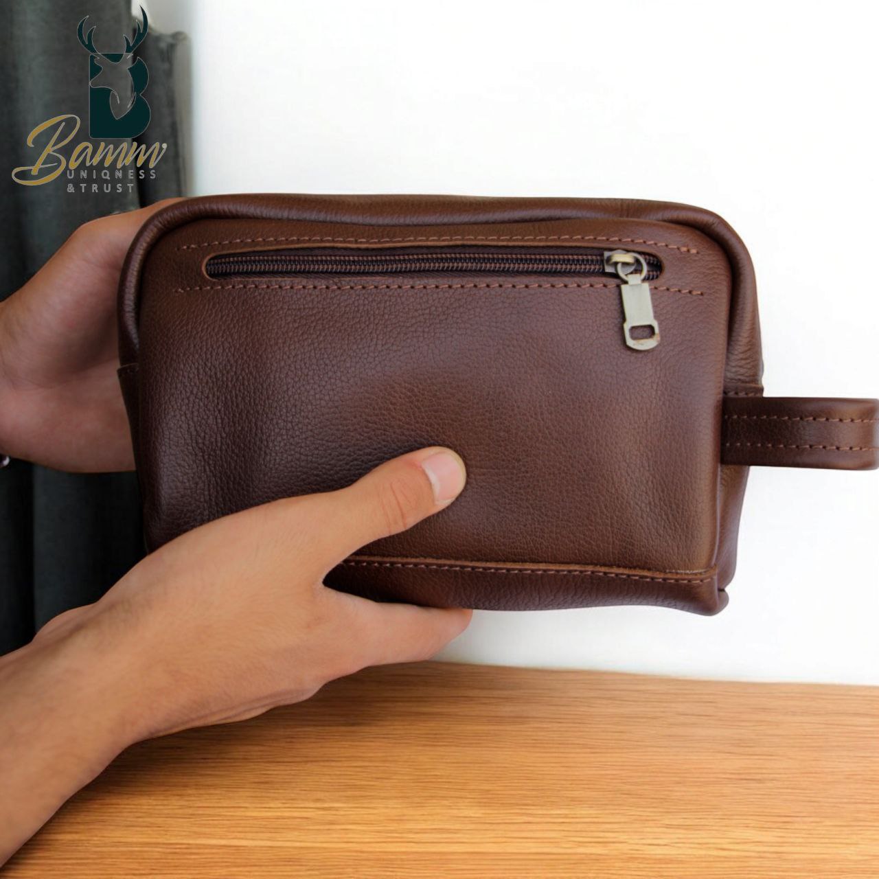 Men’s Natural Leather Hand Bag – Compact, Stylish & Multi-pocket Design