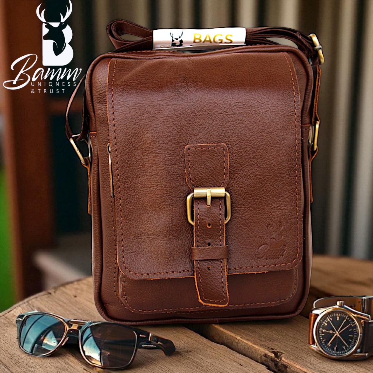 Men's Crossbody Bag Genuine Leather With Adjustable Strap And Front & Back Zippers