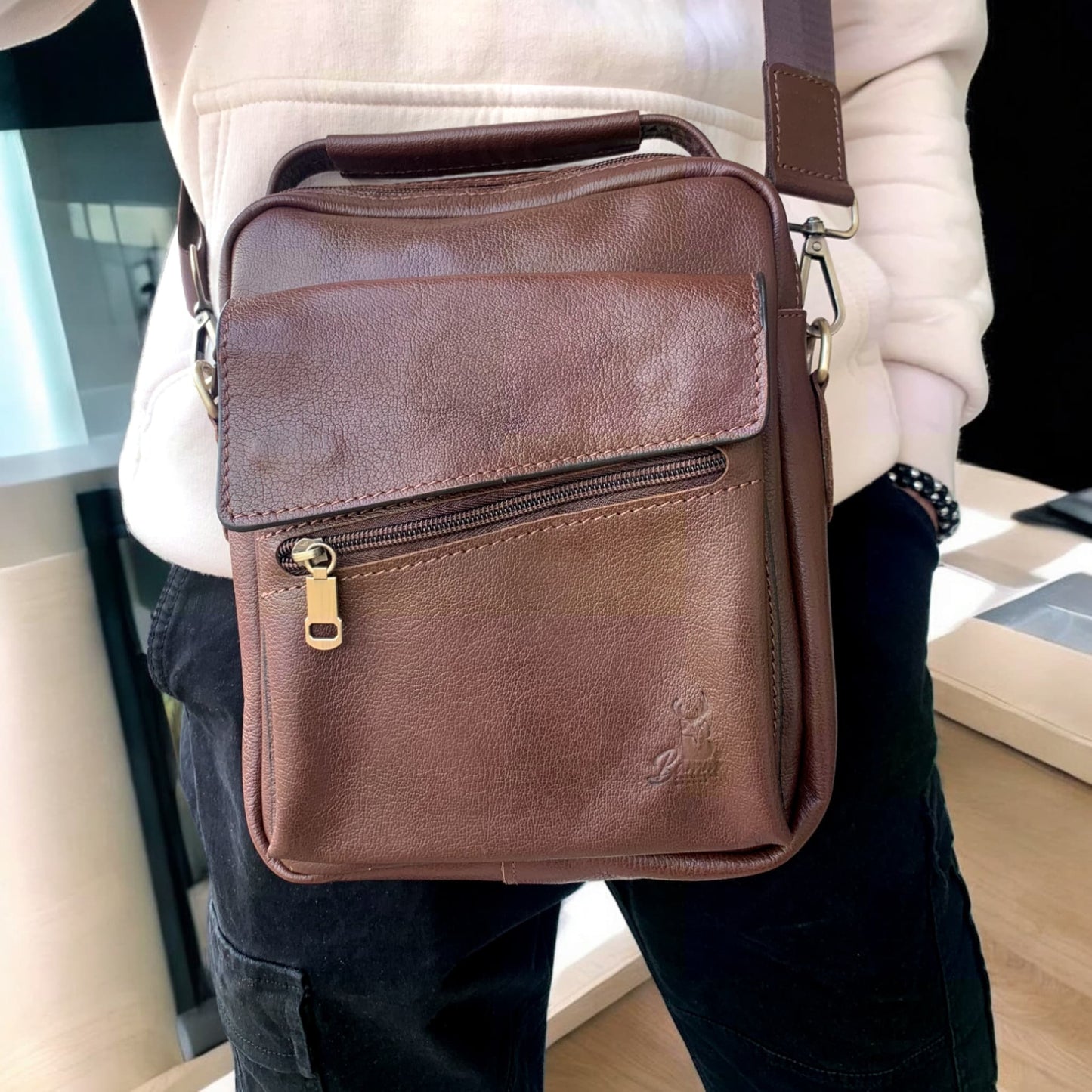 "Men's Genuine Leather Crossbody Bag From Bamm - Practical, Stylish, With Multiple Zippers"