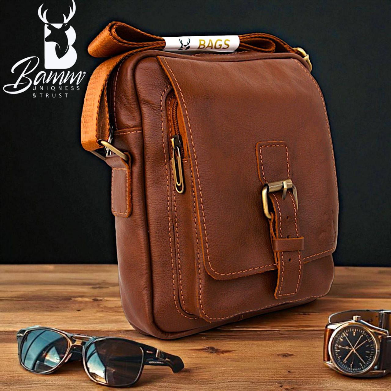 Men's Crossbody Bag Genuine Leather With Adjustable Strap And Front & Back Zippers