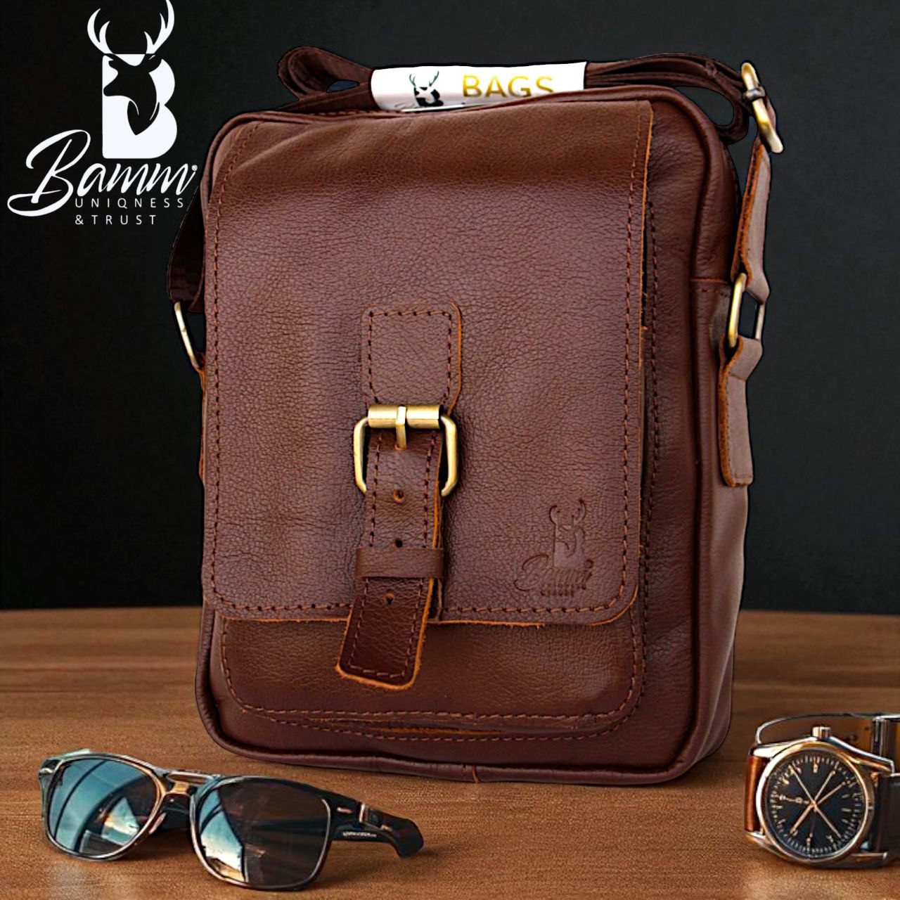 Men's Crossbody Bag Genuine Leather With Adjustable Strap And Front & Back Zippers