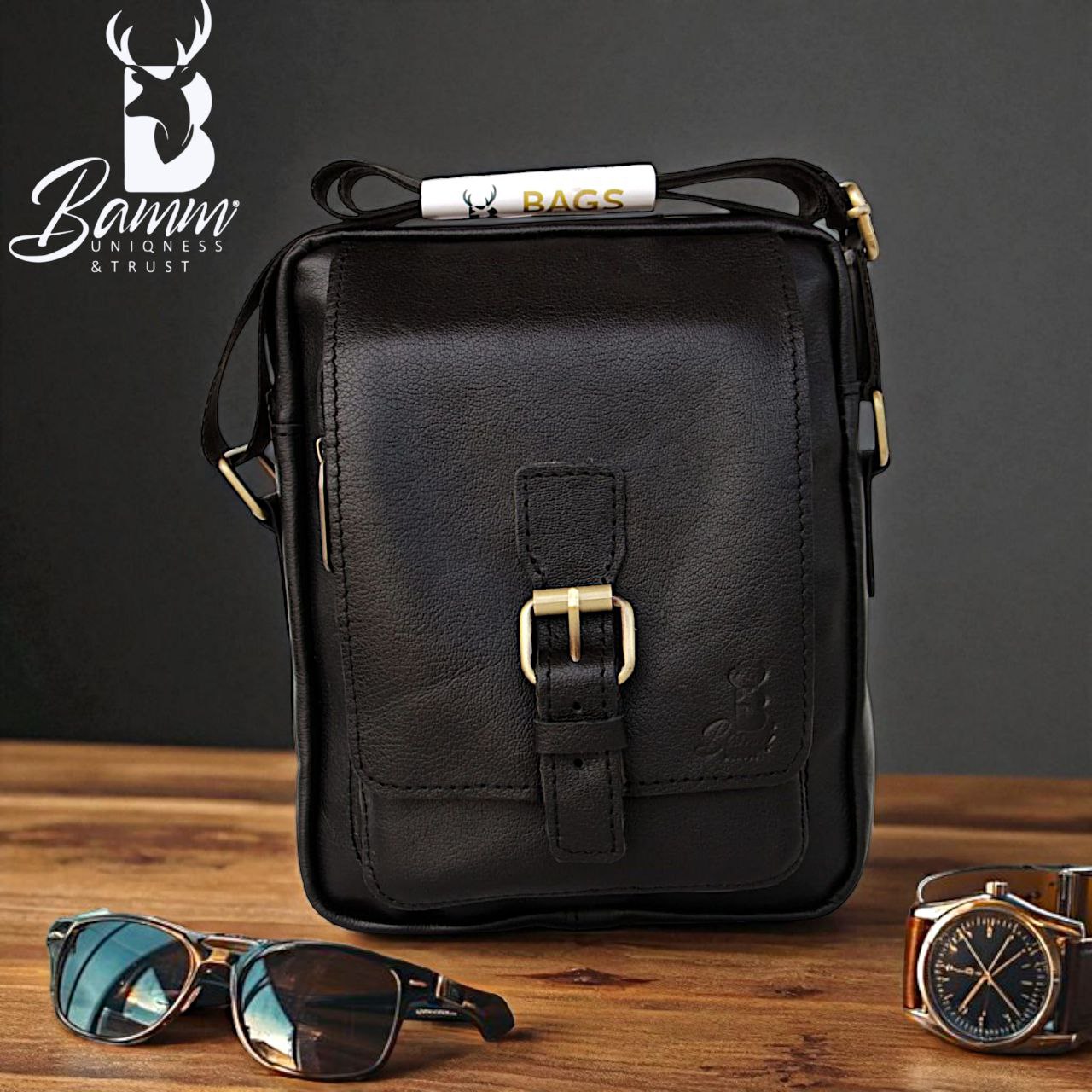 Men's Crossbody Bag Genuine Leather With Adjustable Strap And Front & Back Zippers