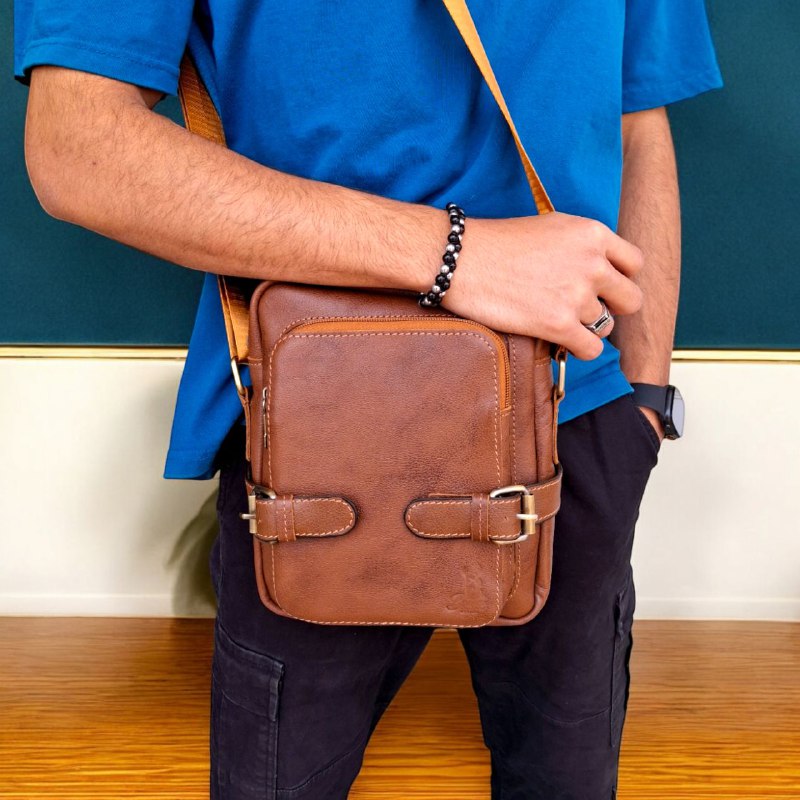 BAMM Natural Leather Men's Crossbody Bag – 25x20cm | Anti-Rust Accessories & Premium Satin Handle