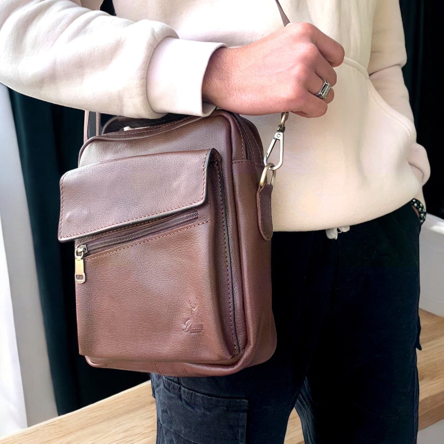 "Men's Genuine Leather Crossbody Bag From Bamm - Practical, Stylish, With Multiple Zippers"