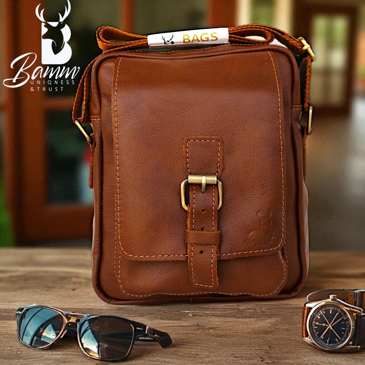 Men's Crossbody Bag Genuine Leather With Adjustable Strap And Front & Back Zippers