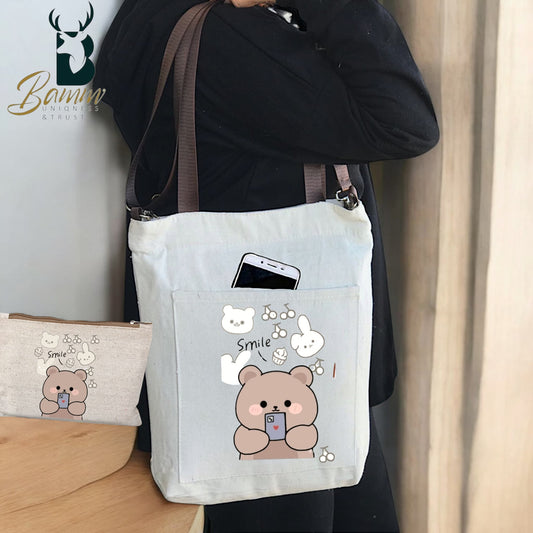 Girls' Tote Bag For University And Daily Use - Beige With Free Pencil Case  دبدوب كريز