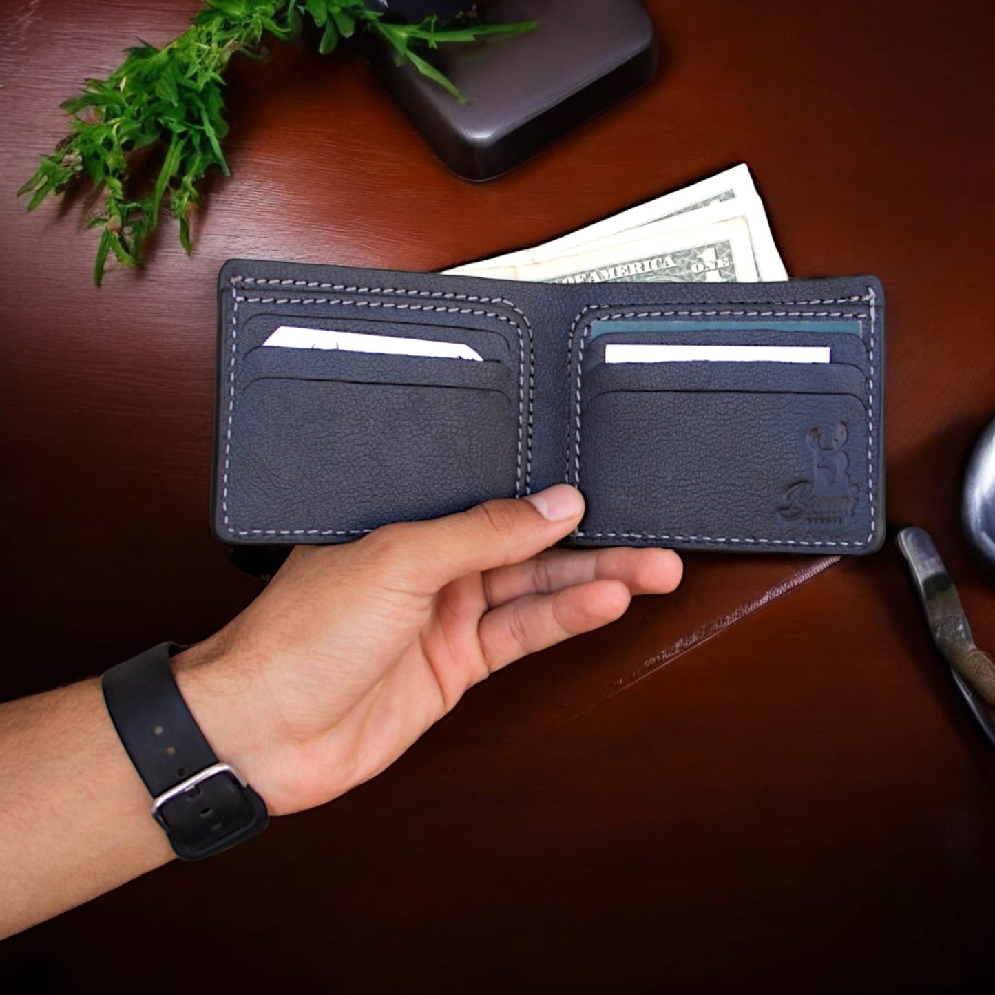 Men’s Genuine Leather Wallet by BAMM – Handmade, 9x11 cm, 8 Card Slots, Compact and Stylish