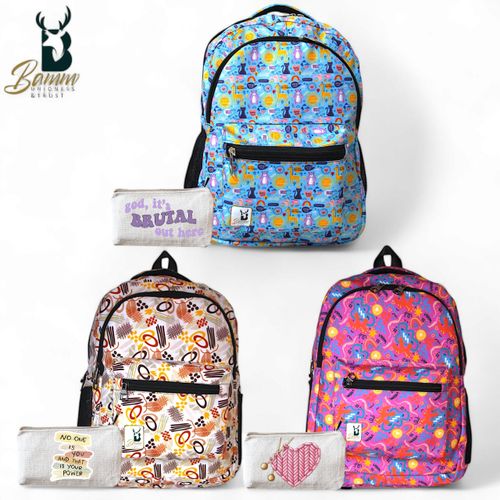 "Set Of "3" School Backpacks - Durable Polyester With Pencil Case, Multiple Pockets, And Comfortable Straps"