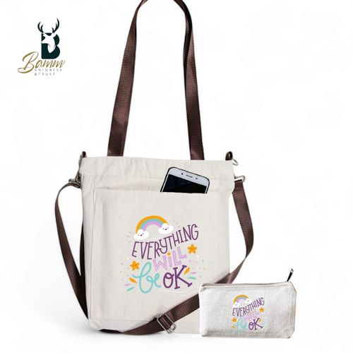 Girls' Tote Bag For University And Daily Use - Beige With Free Pencil Case