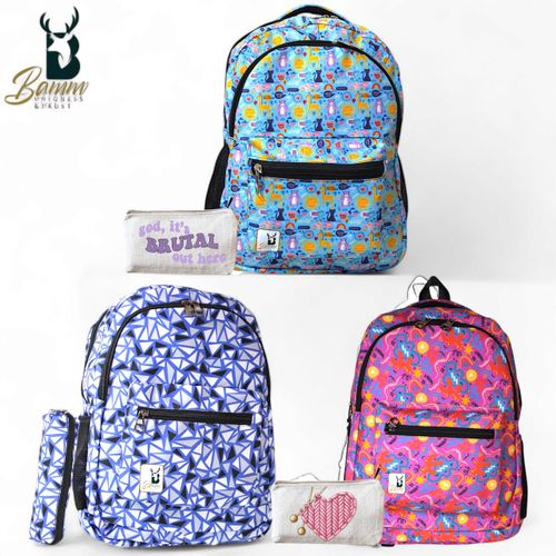 "Set Of "3" School Backpacks - Durable Polyester With Pencil Case, Multiple Pockets, And Comfortable Straps"