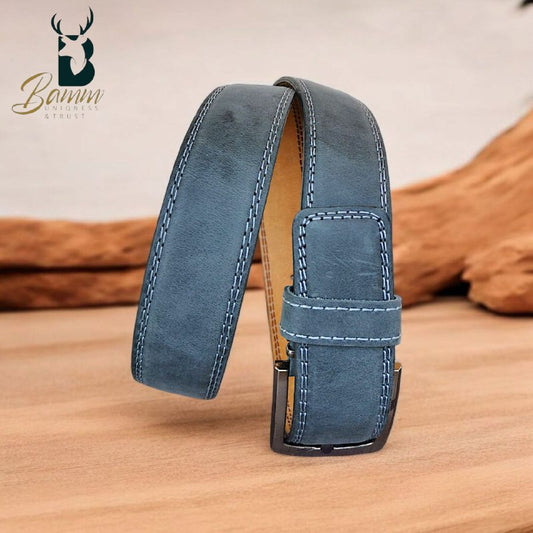 Men’s Genuine Leather Belt – Dark Blue – Handmade Elegance by BAMM