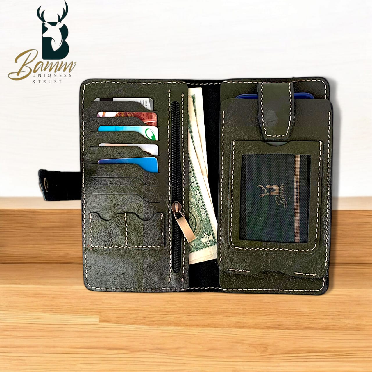 BAMM Genuine Leather Portfolio – Handcrafted 8 Card Slots + Mobile Holder + Memory Pockets   2248