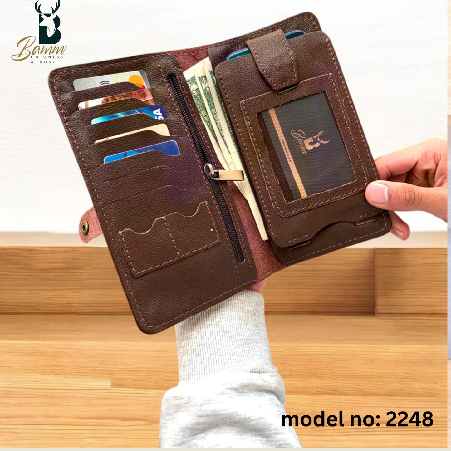BAMM Genuine Leather Portfolio – Handcrafted 8 Card Slots + Mobile Holder + Memory Pockets   2248