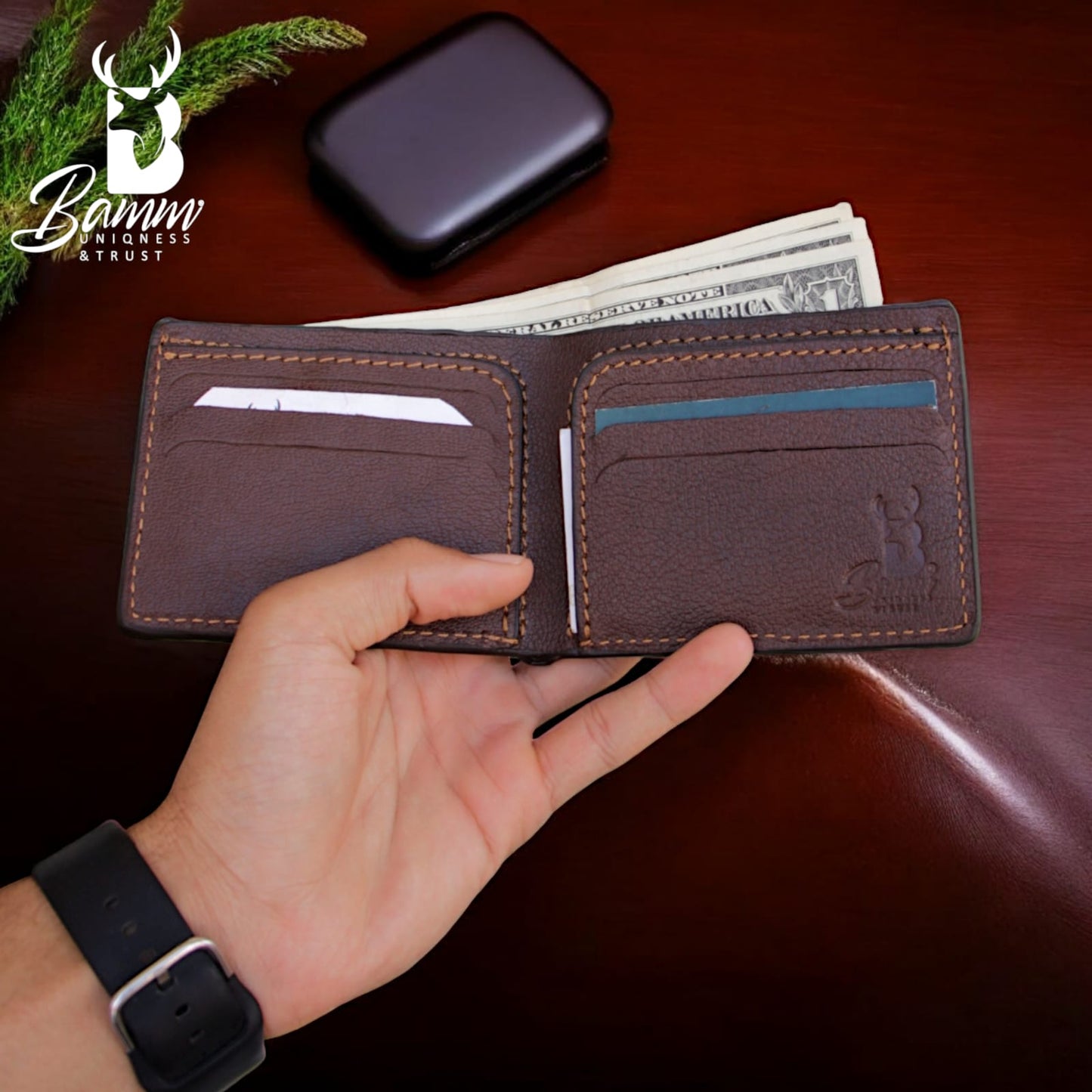 Men’s Genuine Leather Wallet by BAMM – Handmade, 9x11 cm, 8 Card Slots, Compact and Stylish