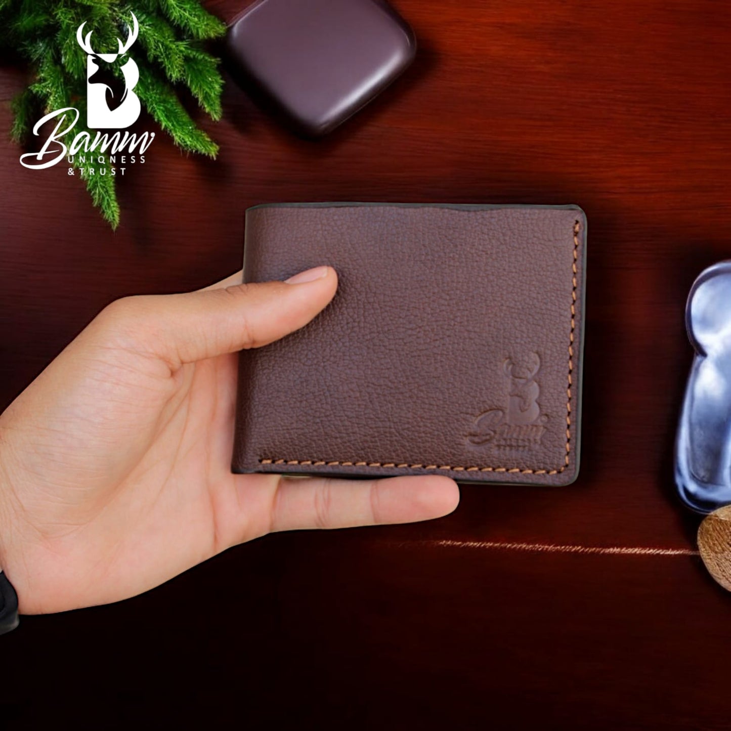 Men’s Genuine Leather Wallet by BAMM – Handmade, 9x11 cm, 8 Card Slots, Compact and Stylish