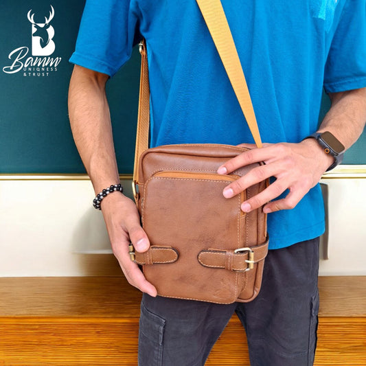 BAMM Natural Leather Men's Crossbody Bag – 25x20cm | Anti-Rust Accessories & Premium Satin Handle