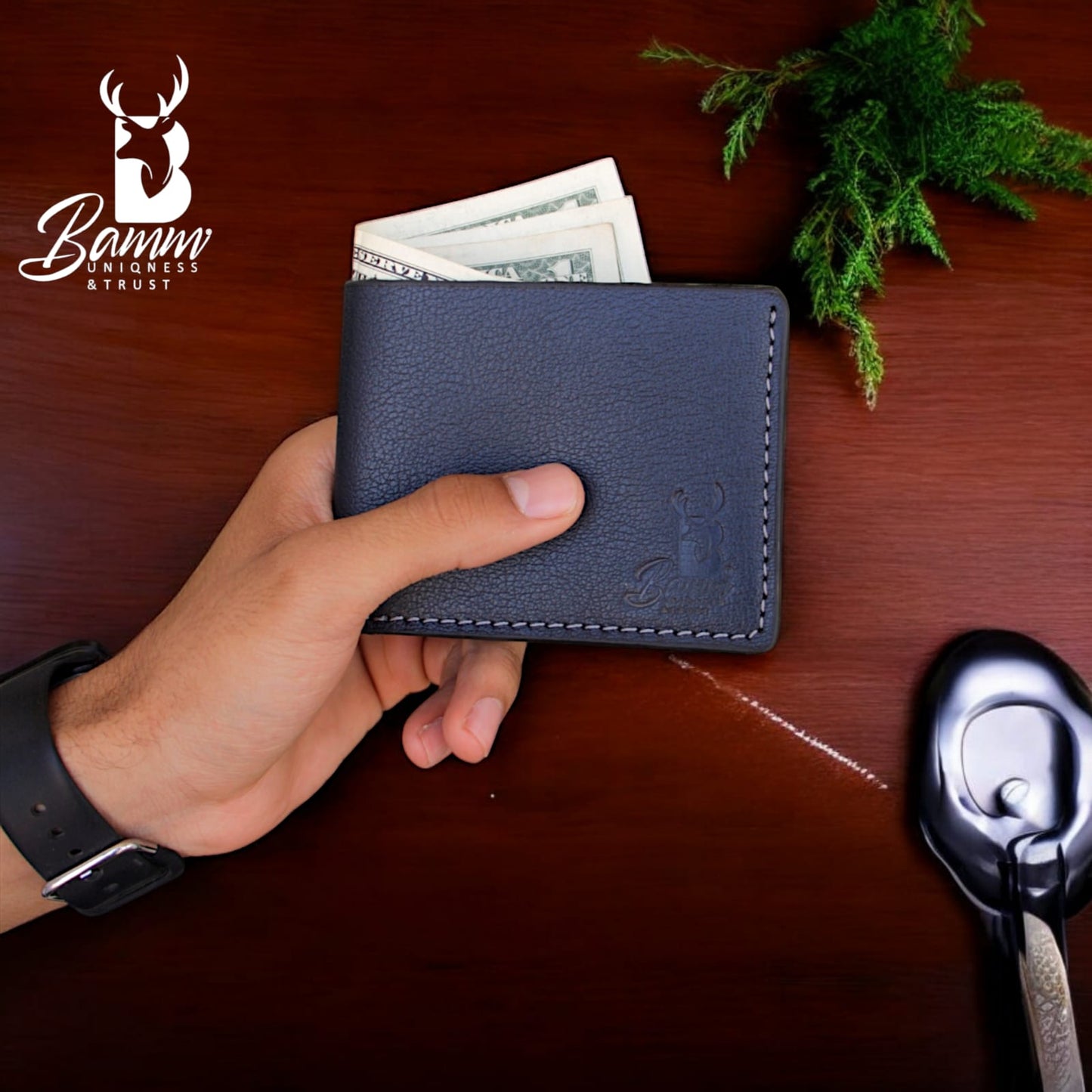 Men’s Genuine Leather Wallet by BAMM – Handmade, 9x11 cm, 8 Card Slots, Compact and Stylish