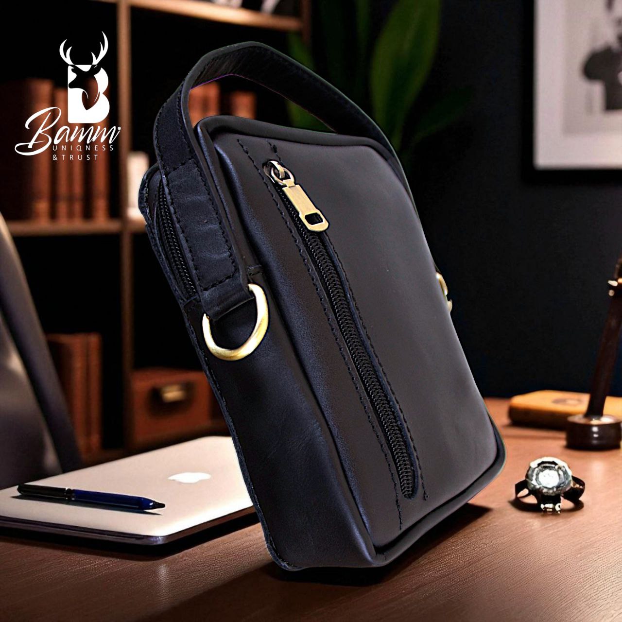 Men’s Genuine Leather Handbag – Leather – 20×15 cm – Main Zipper Compartment with Front & Back Pockets