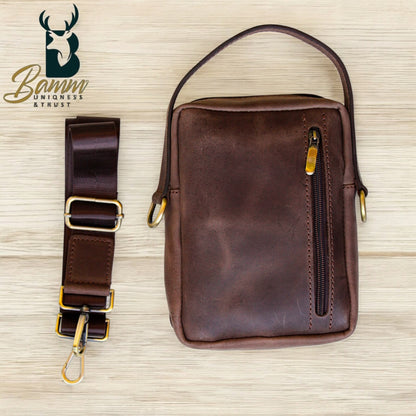 Men’s Genuine Leather Handbag – Leather – 20×15 cm – Main Zipper Compartment with Front & Back Pockets