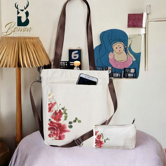 BAMM Beige Tote Bag With Two Adjustable Shoulder Straps  ورد أحمر