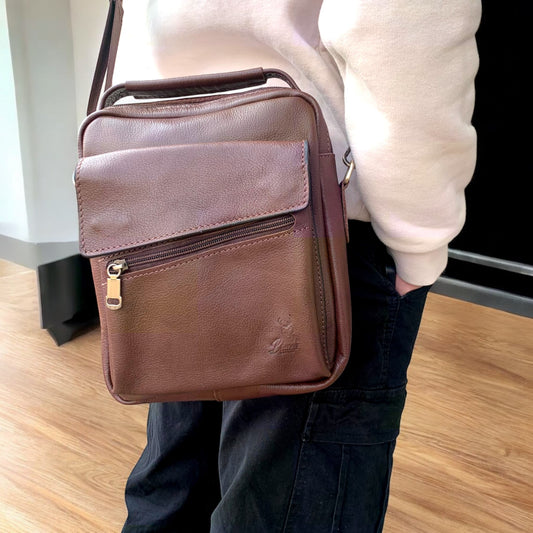 "Men's Genuine Leather Crossbody Bag From Bamm - Practical, Stylish, With Multiple Zippers"