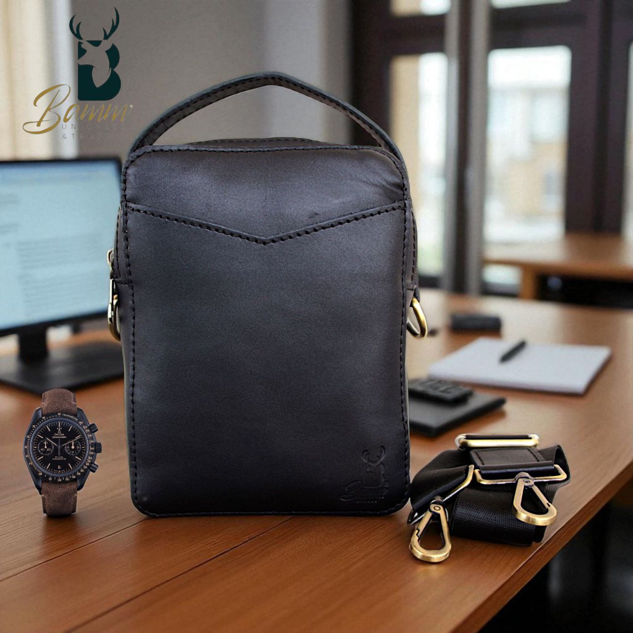 Men’s Genuine Leather Handbag – Leather – 20×15 cm – Main Zipper Compartment with Front & Back Pockets