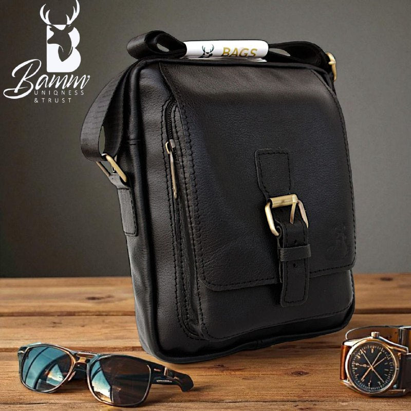 Men's Crossbody Bag Genuine Leather With Adjustable Strap And Front & Back Zippers