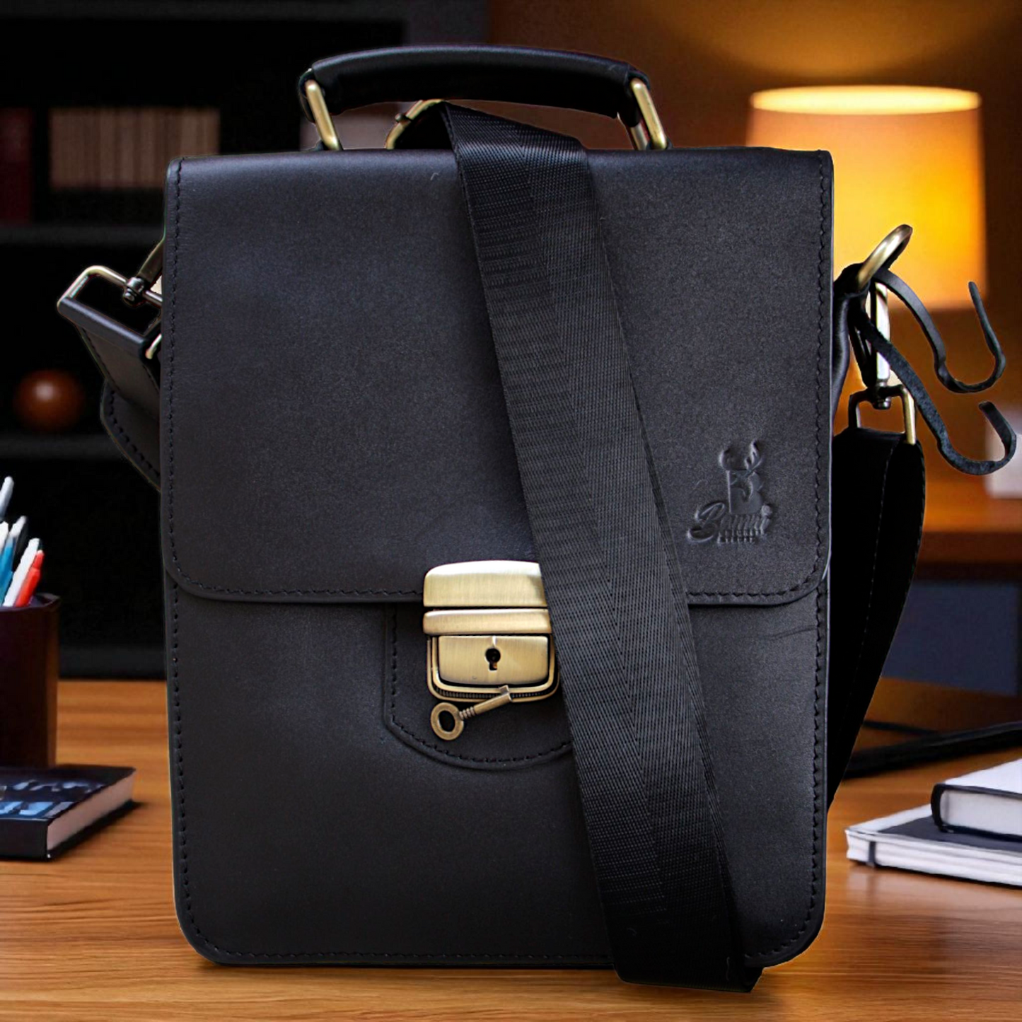 Men’s Genuine Leather Crossbody Bag with Lock & Key – Shoulder Messenger Bag 26×20×10 cm 2241 mo