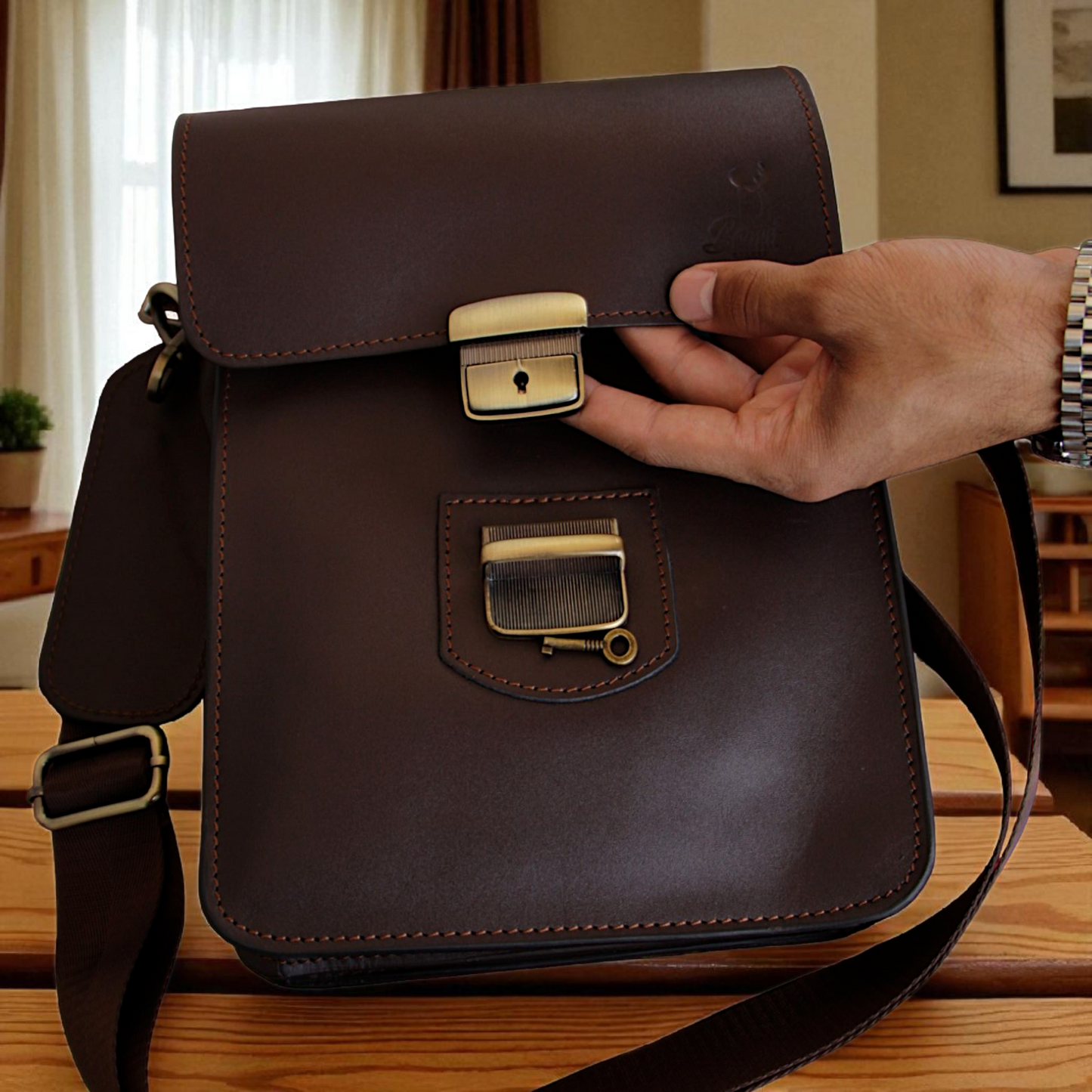Men’s Genuine Leather Crossbody Bag with Lock & Key – Shoulder Messenger Bag 26×20×10 cm 2241 mo
